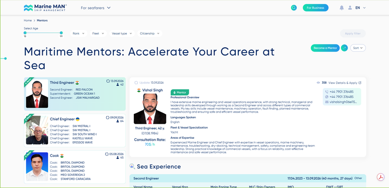 Maritime Mentors on JobMarineMan: experienced officers and engineers guide younger seafarers into specialist segments