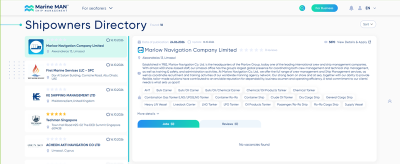 Shipowners Directory on JobMarineMan: contractors and managers present their fleet and open positions to 200,000 seafarers