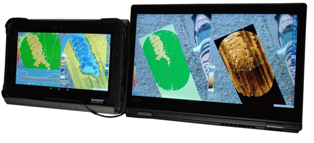 Fig. 2 NORdredge split screen display on two different clients with real time depth and differential depth on a tablet (left) and backscatter on a PC (right)