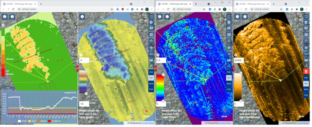 Fig. 3 NORdredge differential, real-time depth, STD and backscatter displays respectively
